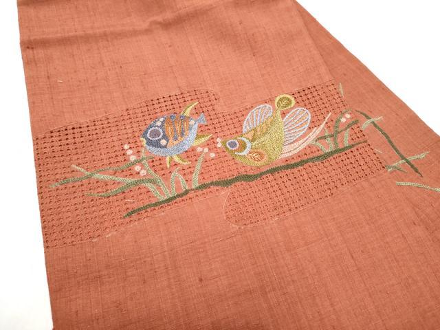 平和屋着物●中国三大刺繍　スワトウ相良刺繍　紬地　魚　金糸　名古屋帯　正絹　逸品　CABJ5171hy