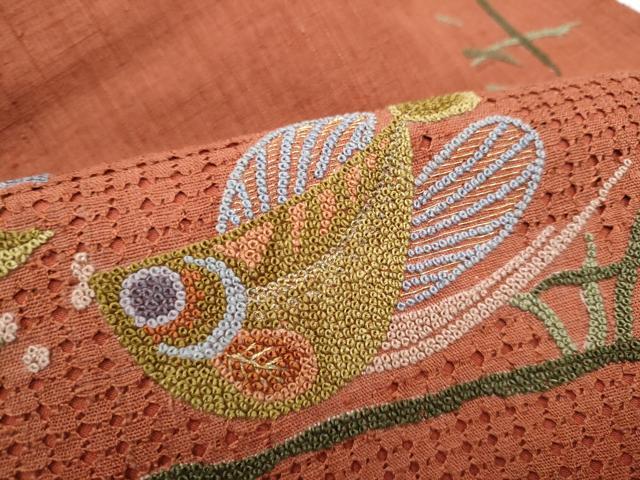 平和屋着物●中国三大刺繍　スワトウ相良刺繍　紬地　魚　金糸　名古屋帯　正絹　逸品　CABJ5171hy
