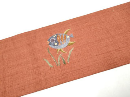 平和屋着物●中国三大刺繍　スワトウ相良刺繍　紬地　魚　金糸　名古屋帯　正絹　逸品　CABJ5171hy