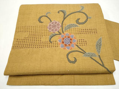 平和屋着物●中国三大刺繍　スワトウ相良刺繍　総刺繍　九寸名古屋帯　紬地　花唐草文　正絹　逸品　CABJ5172hy