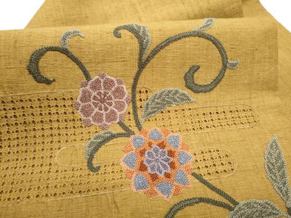 平和屋着物●中国三大刺繍　スワトウ相良刺繍　総刺繍　九寸名古屋帯　紬地　花唐草文　正絹　逸品　CABJ5172hy