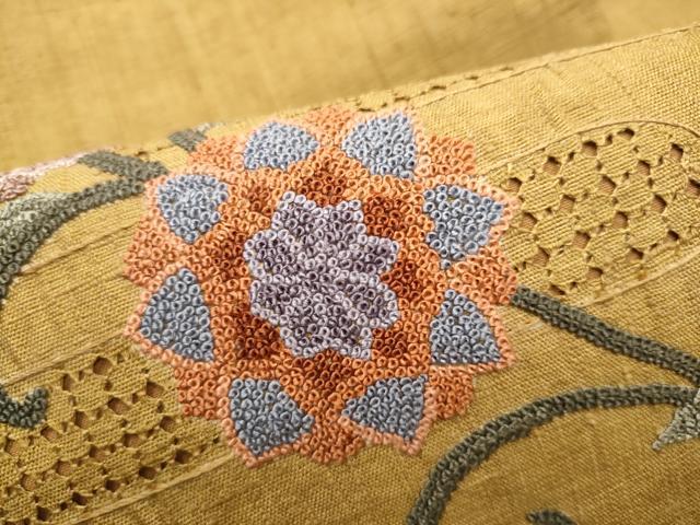 平和屋着物●中国三大刺繍　スワトウ相良刺繍　総刺繍　九寸名古屋帯　紬地　花唐草文　正絹　逸品　CABJ5172hy
