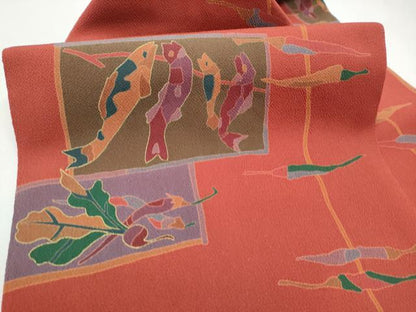 平和屋着物●全通柄　九寸名古屋帯　刺繍　魚　成物　金彩　鬼しぼ縮緬　正絹　逸品　CABJ5173hy