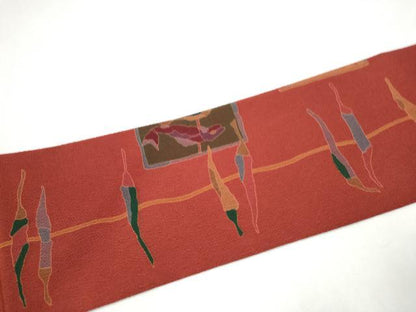 平和屋着物●全通柄　九寸名古屋帯　刺繍　魚　成物　金彩　鬼しぼ縮緬　正絹　逸品　CABJ5173hy