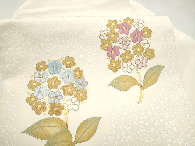 平和屋着物●塩瀬　九寸名古屋帯　刺繍　枝花文　金彩　正絹　逸品　CABJ5174hy