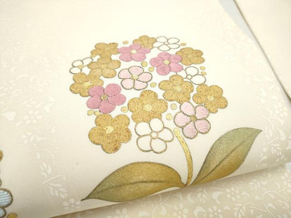 平和屋着物●塩瀬　九寸名古屋帯　刺繍　枝花文　金彩　正絹　逸品　CABJ5174hy