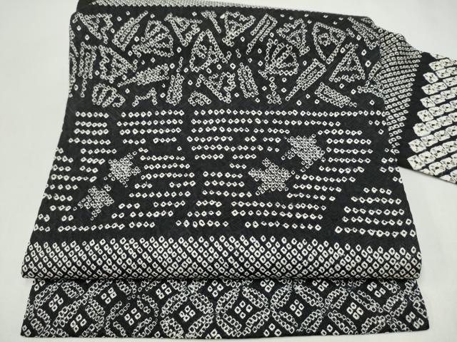 平和屋着物●九寸名古屋帯　総絞り　幾何学文様　黒地　正絹　逸品　CABJ5176hy