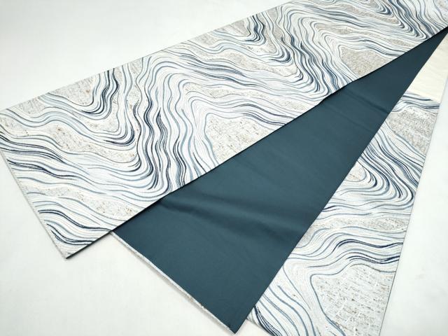 平和屋着物●六通柄袋帯　ぜんまい紬　藍染苑　流水文　銀糸　正絹　逸品　CABJ5187hy