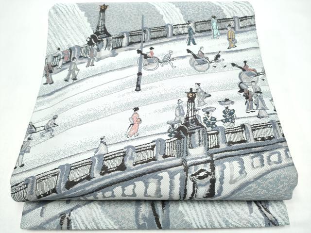 平和屋着物●六通柄袋帯　人物風景文　銀糸　正絹　逸品　CABJ5188hy