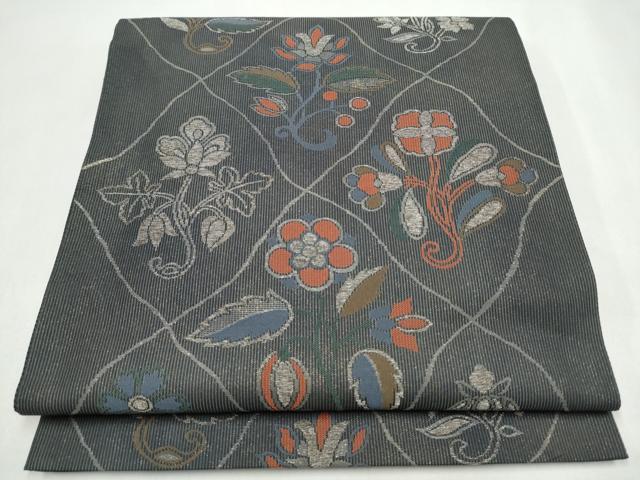 平和屋着物●六通柄袋帯　花唐草文　銀糸　正絹　逸品　CABJ5193hy