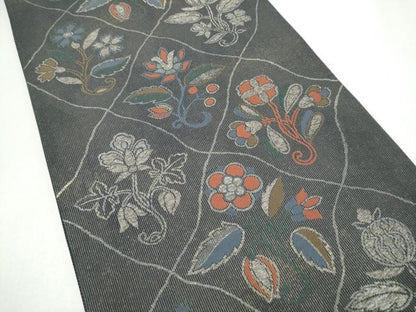 平和屋着物●六通柄袋帯　花唐草文　銀糸　正絹　逸品　CABJ5193hy