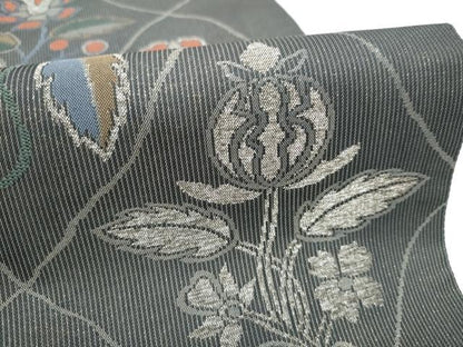 平和屋着物●六通柄袋帯　花唐草文　銀糸　正絹　逸品　CABJ5193hy