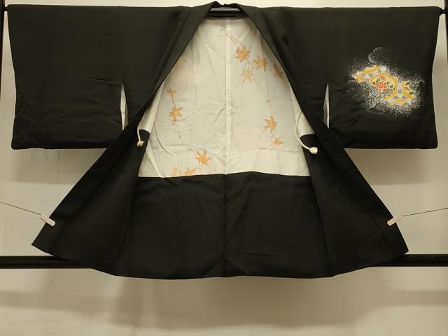 平和屋着物＃羽織　刺繍　亀甲草花丸文　黒地　正絹　逸品　CABJ5202in