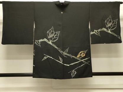 平和屋着物＃羽織　寿光織　枝葉文　黒地　金銀糸　正絹　逸品　CABJ5222in