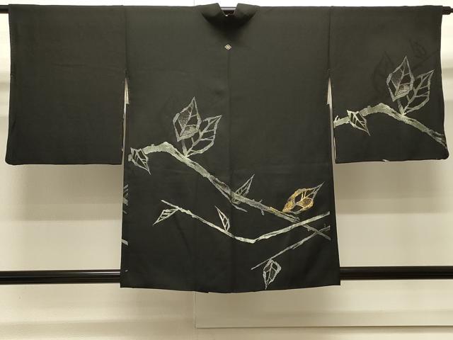 平和屋着物＃羽織　寿光織　枝葉文　黒地　金銀糸　正絹　逸品　CABJ5222in