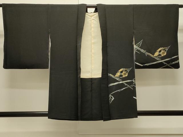 平和屋着物＃羽織　寿光織　枝葉文　黒地　金銀糸　正絹　逸品　CABJ5222in