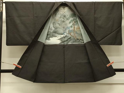 平和屋着物＃男性　本場大島紬　長羽織　亀甲文　黒地　正絹　逸品　CABJ5228in