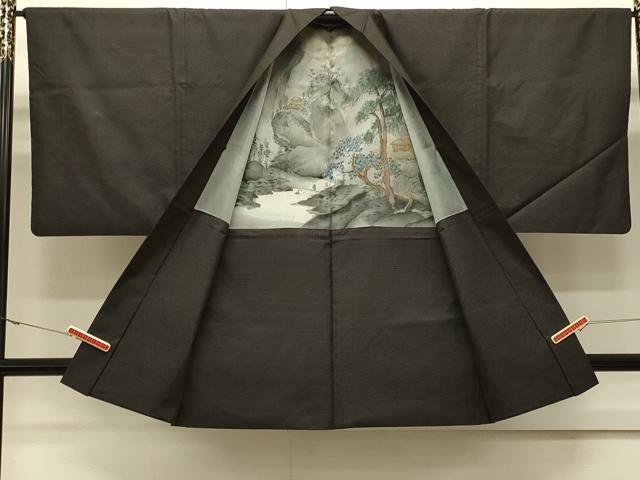 平和屋着物＃男性　本場大島紬　長羽織　亀甲文　黒地　正絹　逸品　CABJ5228in