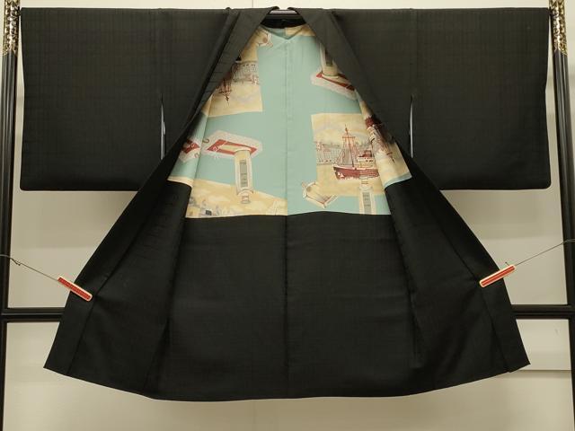平和屋着物＃長羽織　格子地紋　黒地　正絹　逸品　CABJ5244in