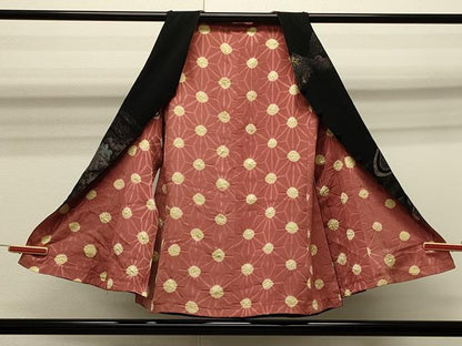 平和屋着物＃創作　和装ベスト　リバーシブル　寿光織　風景文　黒地　金糸　正絹　逸品　CABJ5249in