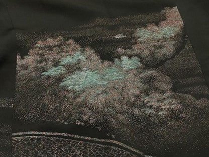 平和屋着物＃創作　和装ベスト　リバーシブル　寿光織　風景文　黒地　金糸　正絹　逸品　CABJ5249in