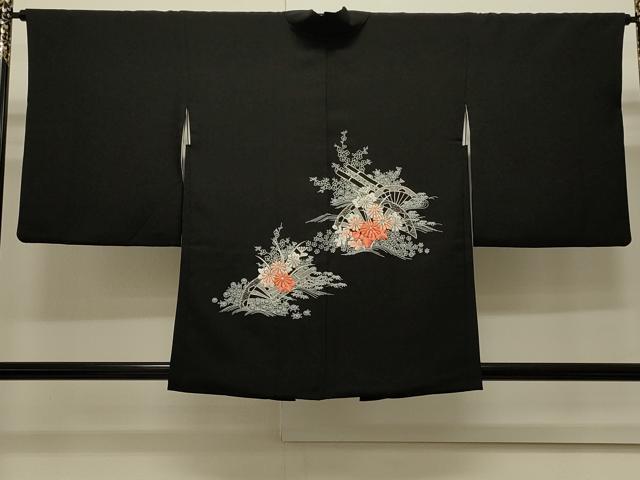 平和屋着物＃羽織　刺繍　立波片輪車花文　黒地　正絹　逸品　CABJ5265in