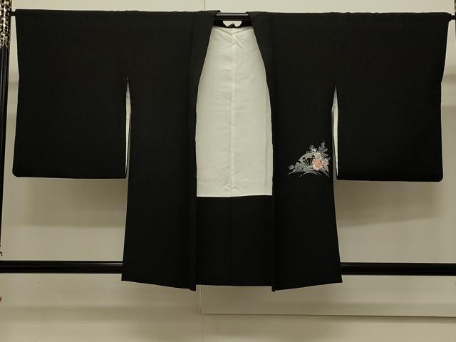 平和屋着物＃羽織　刺繍　立波片輪車花文　黒地　正絹　逸品　CABJ5265in