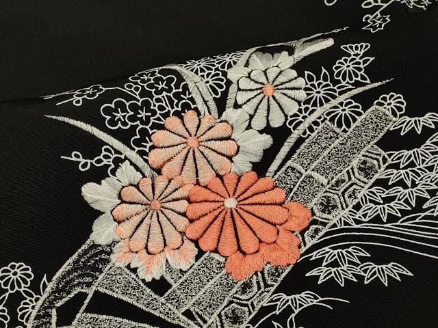 平和屋着物＃羽織　刺繍　立波片輪車花文　黒地　正絹　逸品　CABJ5265in