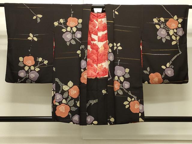 平和屋着物＃アンティーク　大正ロマン　羽織　絞り　枝梅文　黒地　金銀糸　正絹　逸品　CABJ5273in