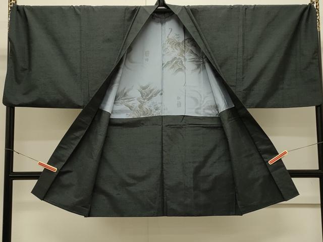 平和屋着物＃男性　長羽織　紬地　虫襖色　羽裏：虎・龍　キングサイズ　正絹　逸品　CABJ5280in