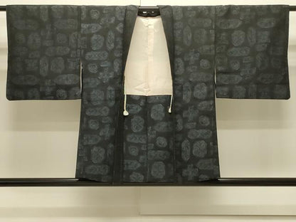 平和屋着物＃羽織　幾何学花文　黒地　正絹　逸品　CABJ5297in
