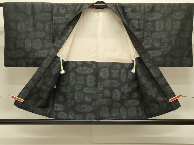 平和屋着物＃羽織　幾何学花文　黒地　正絹　逸品　CABJ5297in