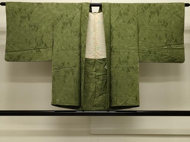 平和屋着物＃羽織　色無地　風景樹林地紋　草色　正絹　逸品　CABJ5306in