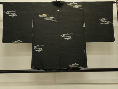 平和屋着物＃羽織　寿光織　立波文　黒地　金銀糸　正絹　逸品　CABJ5307in