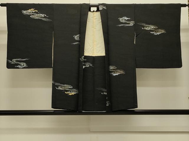 平和屋着物＃羽織　寿光織　立波文　黒地　金銀糸　正絹　逸品　CABJ5307in
