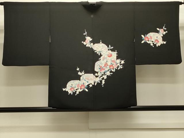 平和屋着物＃羽織　友禅　籬草花文　黒地　正絹　逸品　CABJ5315in