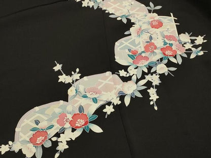 平和屋着物＃羽織　友禅　籬草花文　黒地　正絹　逸品　CABJ5315in