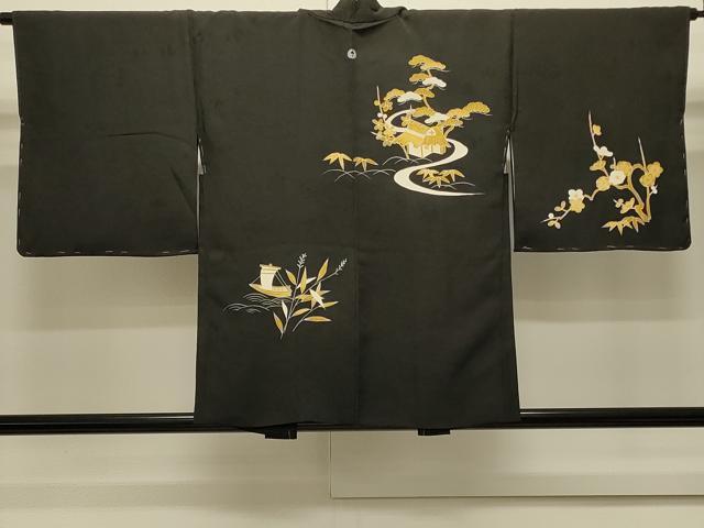 平和屋着物＃羽織　風景文　黒地　正絹　逸品　CABJ5333in