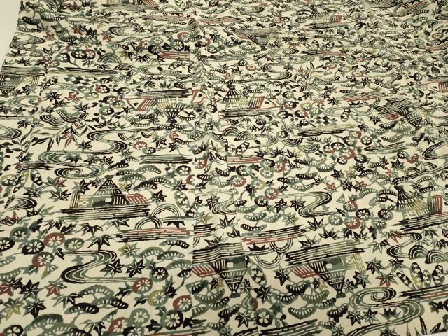 平和屋着物＃羽織　型染め　流水風景花文　正絹　逸品　CABJ5351in
