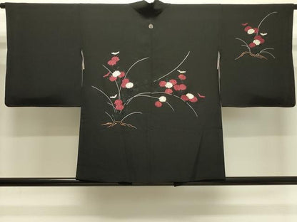 平和屋着物＃羽織　総刺繍　枝花文　黒地　正絹　逸品　CABJ5361in