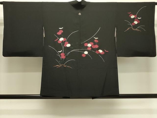 平和屋着物＃羽織　総刺繍　枝花文　黒地　正絹　逸品　CABJ5361in