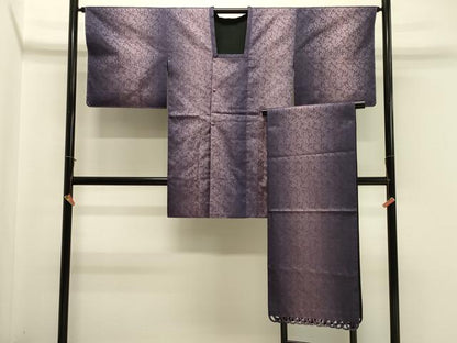 平和屋着物＃道行コート　リバーシブル　草花文　黒地　ショール付き　ロング丈　正絹　逸品　未使用　CABJ5368in
