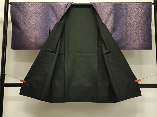 平和屋着物＃道行コート　リバーシブル　草花文　黒地　ショール付き　ロング丈　正絹　逸品　未使用　CABJ5368in