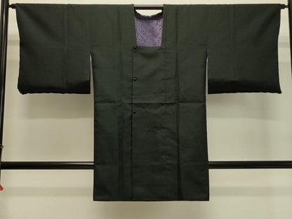 平和屋着物＃道行コート　リバーシブル　草花文　黒地　ショール付き　ロング丈　正絹　逸品　未使用　CABJ5368in
