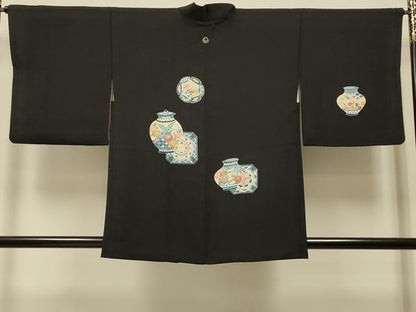 平和屋着物＃羽織　友禅　作家物　陶器花鳥文　黒地　正絹　逸品　CABJ5396in