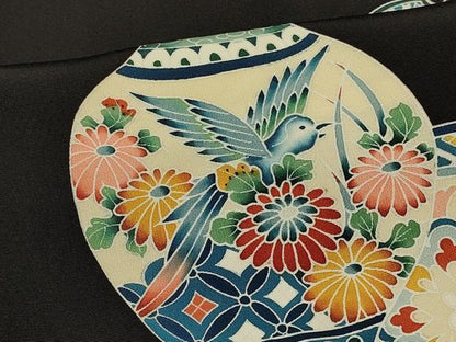 平和屋着物＃羽織　友禅　作家物　陶器花鳥文　黒地　正絹　逸品　CABJ5396in