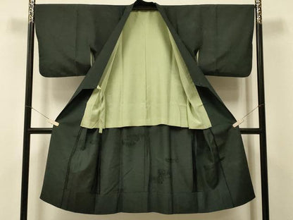 平和屋着物＃和装コート　色無地　単衣　幾何学文様　革色　ロング丈　正絹　逸品　CABJ5413in