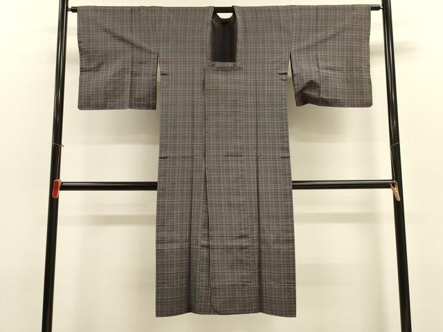 平和屋着物＃本場縞大島紬　道行コート　単衣　格子　高島屋扱い　ロング丈　正絹　逸品　CABJ5430in