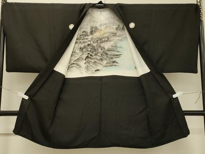 平和屋着物＃男性　長羽織　黒紋付き　正絹　逸品　CABJ5458in