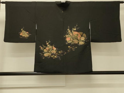 平和屋着物＃羽織　寿光織　扇面草花文　黒地　金糸　正絹　逸品　CABJ5468in